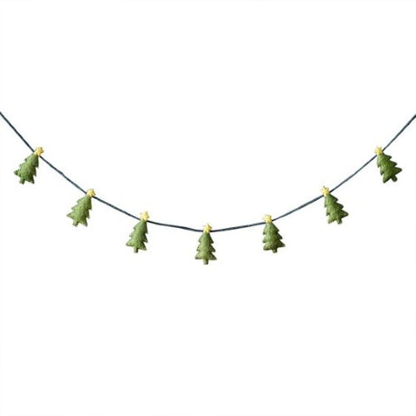 Colorful felt tree bunting garland, 1.5m long, featuring 75 shapes on teal twine, perfect for festive holiday decor.