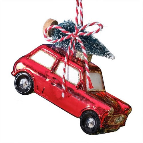 Colorful retro car ornament for Christmas tree, showcasing whimsical design and handmade details, perfect for festive decor.