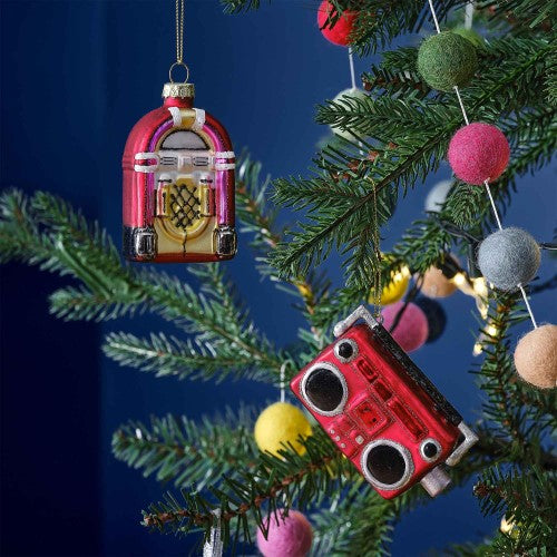 Colorful retro music-themed hanging decorations for Christmas trees, eco-friendly, 3.3cm x 7cm, nostalgic design.