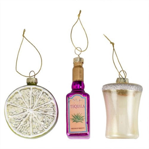 Merry & Bright novelty tequila glass decorations, perfect for festive holiday flair on your Christmas tree.