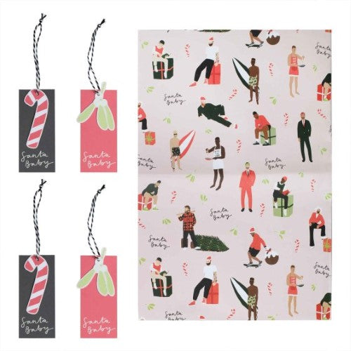 Charming Santa Baby gift wrapping paper set with two vibrant sheets and four festive tags, perfect for holiday gifting.