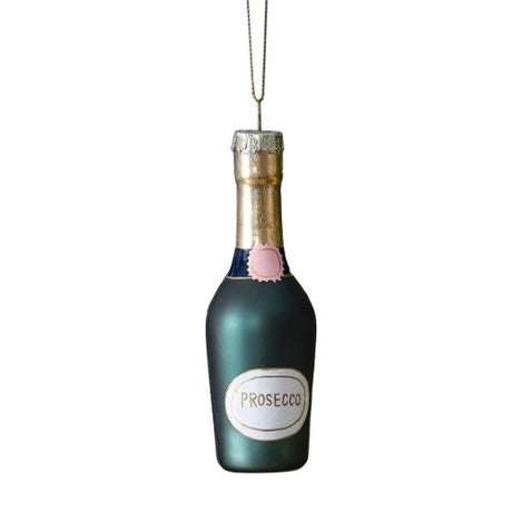 Merry & Bright novelty Prosecco bottle ornament for festive tree decor, eco-friendly, measuring 12cm x 4cm.