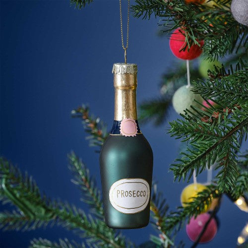 Festive Prosecco bottle ornament for Christmas tree, measuring 12cm x 4cm, adds whimsy and cheer to holiday decor.