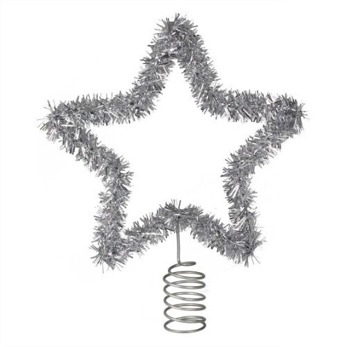 Silver tinsel star tree topper measuring 20cm, perfect for elegant holiday decor and enhancing Christmas ambiance.