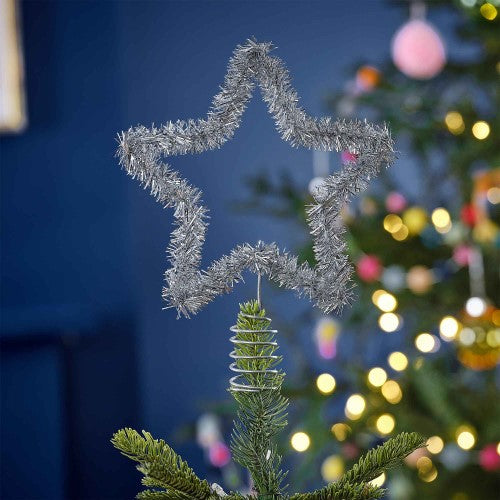 Silver tinsel star tree topper measuring 20cm, perfect for adding elegance to your Christmas decor.