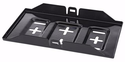 Large metal battery tray from Projecta, designed for N70Z batteries, featuring recessed slots for secure and safe storage.