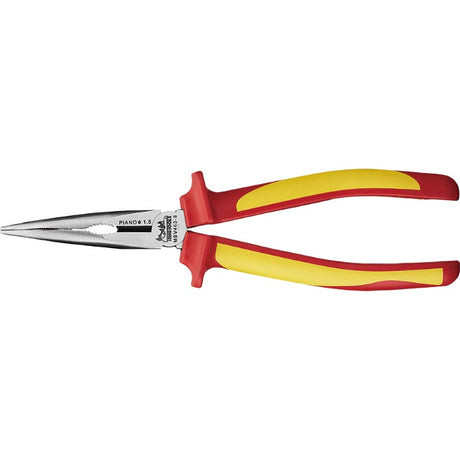 Teng 200mm insulated long nose pliers with 45° offset jaws, serrated grip, and rated for 1000 volts for safe electrical work.