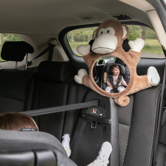 Baby in View Mirror - Moose Monkey: A whimsical, shatter-proof rear-view mirror for entertaining babies during car rides.