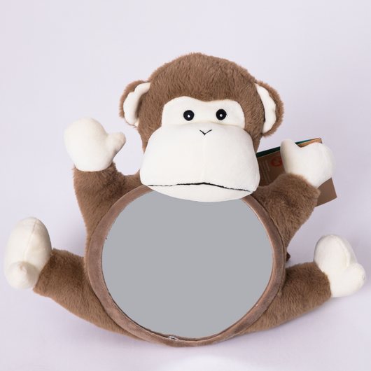 Moose Monkey baby mirror for rear-facing seats, allows baby to see reflection and ensures safety during car rides.