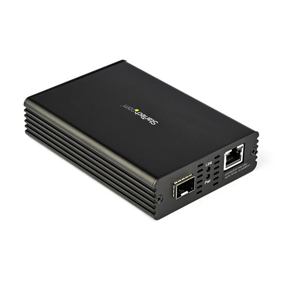 Ethernet Fiber Media Converter converting RJ45 to 10Gb fiber, featuring SFP+ slot for versatile, long-distance network expansion.