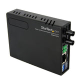 10/100 Mbps fiber media converter for extending Ethernet connections over 2 km with plug-and-play setup and versatile controls.