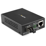 Compact Gigabit Ethernet fiber media converter with 850nm MM LC, 1000 Mbps, extending network up to 550m over fiber.