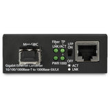 Compact Gigabit Ethernet fiber media converter with multimode SFP, converts RJ45 to fiber for 550m network extension.