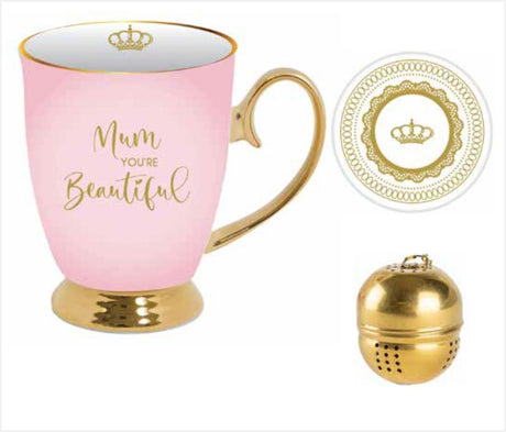 Elegant ceramic mug set for mum featuring a heartfelt message, tea strainer, and dish for an enhanced tea experience.