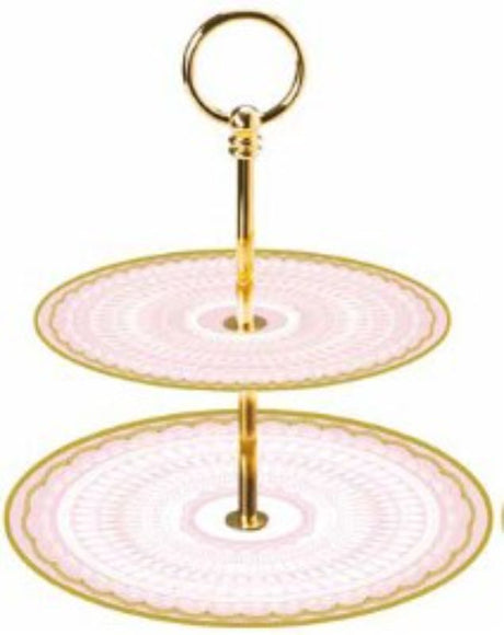 Elegant 2-tier cake stand featuring a charming design, perfect for showcasing pastries and desserts at any event.