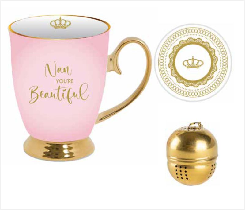 Charming 'Nan You're Beautiful' mug set with ceramic mug, tea strainer, and serving dish for a delightful tea experience.