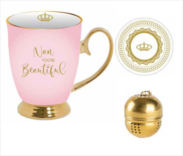 Charming 'Nan You're Beautiful' mug set with ceramic mug, tea strainer, and serving dish for a delightful tea experience.