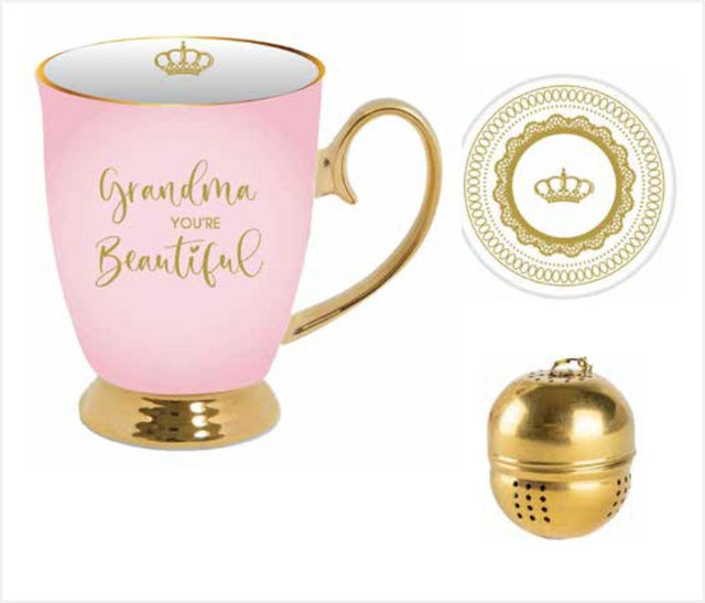 "Heartwarming 'Grandma You're Beautiful' mug set with tea strainer and dish, perfect for beloved grandmothers."