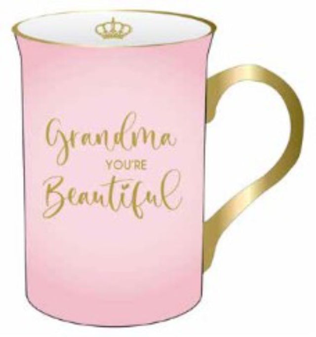 Ceramic mug with "Grandma You're Beautiful" message, perfect for coffee or tea, stylish design, and microwave-safe.