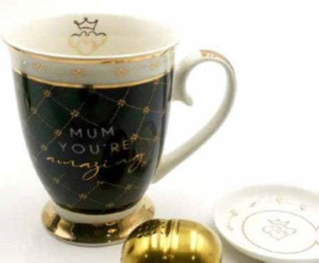 Ceramic mug set for moms, includes tea strainer and dish, perfect for enjoying loose leaf tea with heartfelt messages.