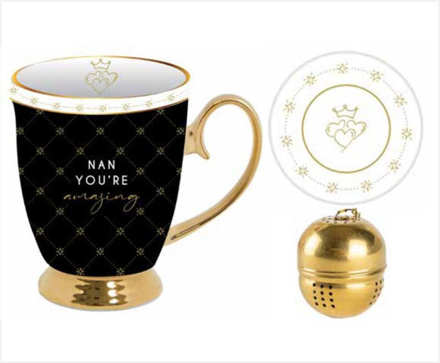 Elegant Nan You're Amazing Mug Set with tea strainer and dish, perfect for enjoying loose leaf tea.