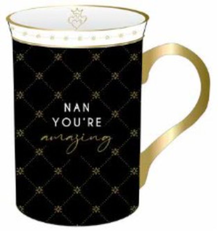 Ceramic mug with "Nan You're Amazing" text, perfect gift for grandmothers, microwave and dishwasher safe.