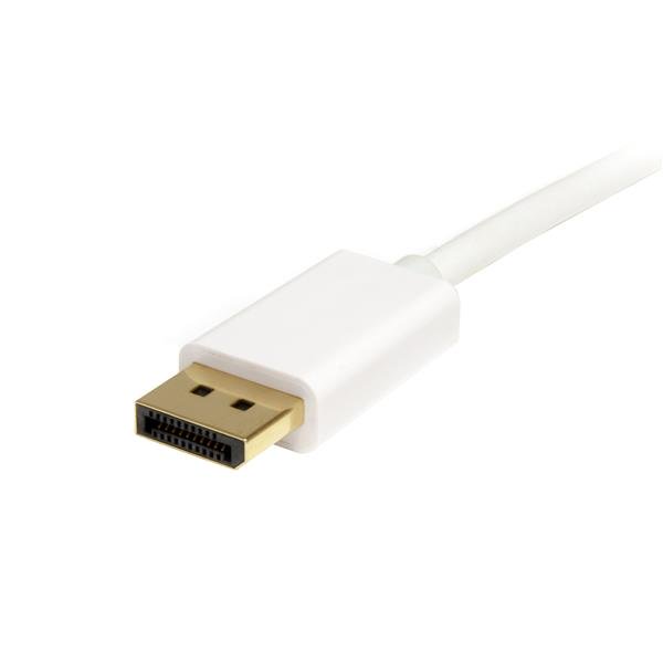 White 2m Mini DisplayPort to DisplayPort adapter cable, supports 4K resolution at 60Hz, ideal for connecting devices to monitors.