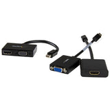 Compact 2-in-1 Mini DisplayPort adapter for HDMI and VGA connections, ideal for travel and business presentations.