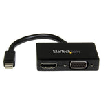 Compact 2-in-1 Mini DisplayPort adapter for HDMI and VGA connections, ideal for travel and presentations.