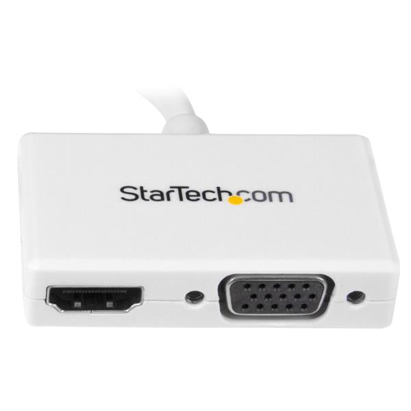 2-in-1 Mini DisplayPort to HDMI/VGA adapter in white, connects devices to monitors with high-resolution support and portable design.