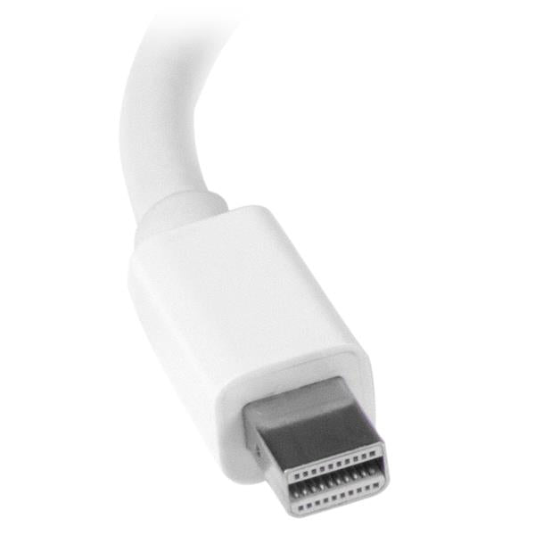 Compact white 2-in-1 Mini DisplayPort adapter for HDMI and VGA connection, supporting up to 1080p resolution, ideal for travel.