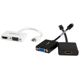 Compact white 2-in-1 Mini DisplayPort adapter for seamless HDMI and VGA connections, ideal for travel and presentations.