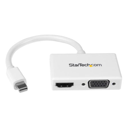 Compact white 2-in-1 Mini DisplayPort adapter for HDMI/VGA connections, supporting 1080p resolution and easy plug-and-play setup.