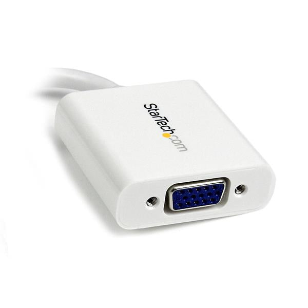 Mini DisplayPort to VGA adapter in white, enabling seamless connection to VGA monitors and projectors for high-definition display.