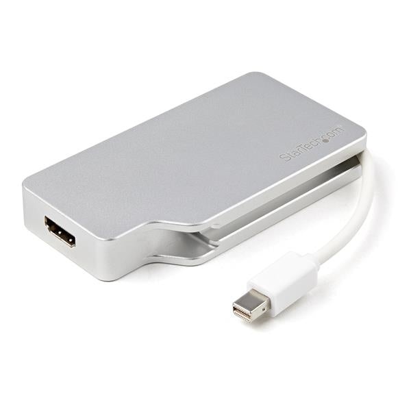 Aluminum 3-in-1 A/V adapter for MacBook, offering VGA, DVI, HDMI with 4K support and built-in cable management.