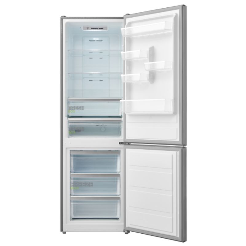 Midea Stainless Steel Fridge Freezer MDRB424FGF02AP with 321L capacity, no-frost design, LED lighting, and space-saving features.