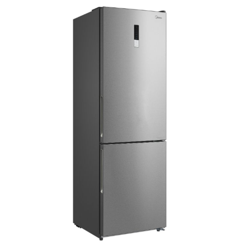 Stainless steel Midea fridge freezer with 321L capacity, no-frost, multi-airflow, and low noise for fresh food storage.