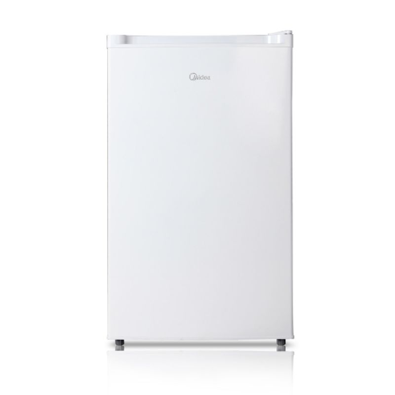 Compact white Midea 123L bar fridge with separated chiller, adjustable legs, and reversible door for small spaces.