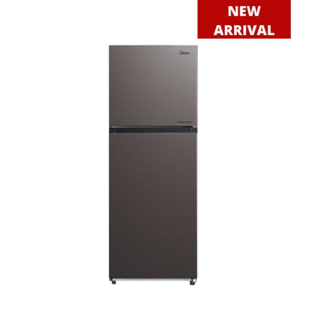 Midea Grey Stainless Steel Fridge Freezer MDRT346MTF28AP, 236L capacity, frost-free, LED lighting, ideal for small spaces.