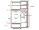 Midea MDRT437MTF02AP Top Mount Fridge Freezer in stainless steel, 320L capacity with adjustable feet and reversible door.