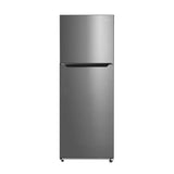 Midea MDRT437MTF02AP Top Mount Fridge Freezer in stainless steel, 320L, with adjustable feet and reversible door design.