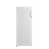 Midea 237L upright fridge in white with reversible door, glass shelves, 2L bottle rack, and vegetable crisper.