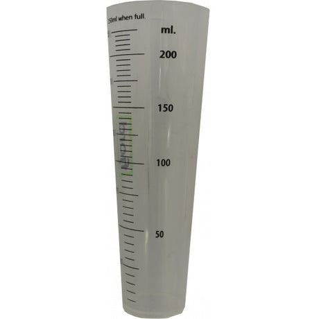 250 ml measuring cylinder made of durable, chemical-resistant polypropylene with easy-to-read graduations for precise measurement.