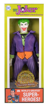 Limited edition MEGO Joker figurine celebrating 50 years, featuring 26 points of articulation in retro 1970s style.