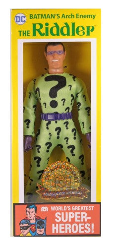 8-inch retro MEGO Riddler figurine with 26 points of articulation, packaged in classic collectors' box for Batman fans.