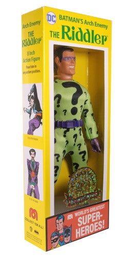 8-inch MEGO Riddler figurine featuring 26 points of articulation, retro design, and collector-friendly packaging for Batman fans.