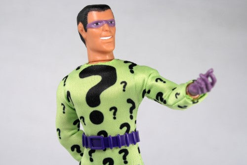 Collectible MEGO Riddler figurine celebrating 50th anniversary, 8-inch with 26 points of articulation in retro styling.