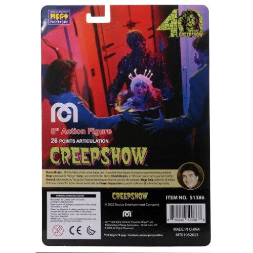 8" Mego Creepshow action figure of Nate with textured paint, featuring Bedelia's head on a platter, perfect for horror collectors.