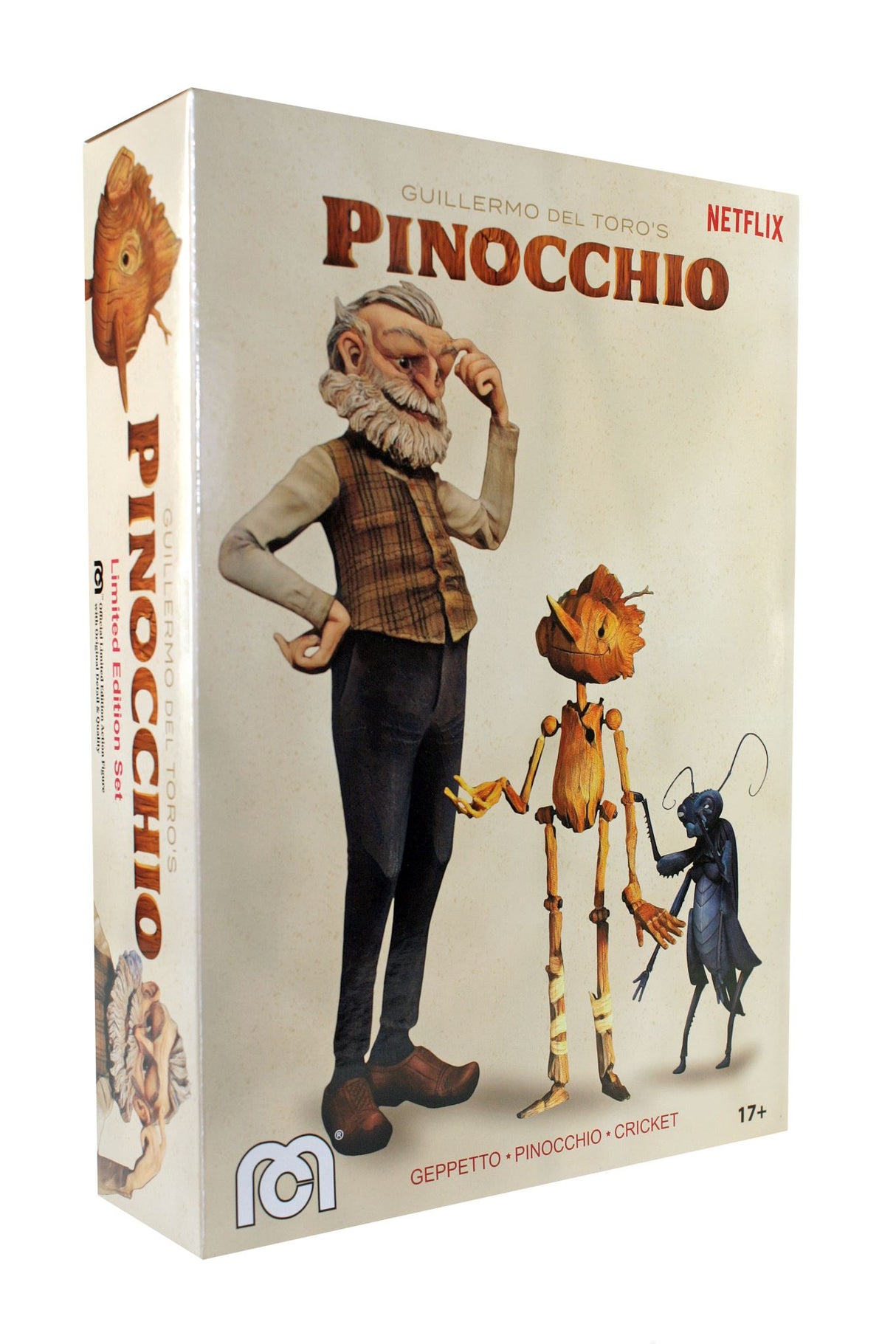 Collectible MEGO Pinocchio figurines of Geppetto, Pinocchio, and Cricket, featuring detailed designs and articulation.