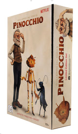 Collectible figurine set featuring Geppetto, Pinocchio, and Cricket from Guillermo del Toro's 2022 film, with detailed designs.